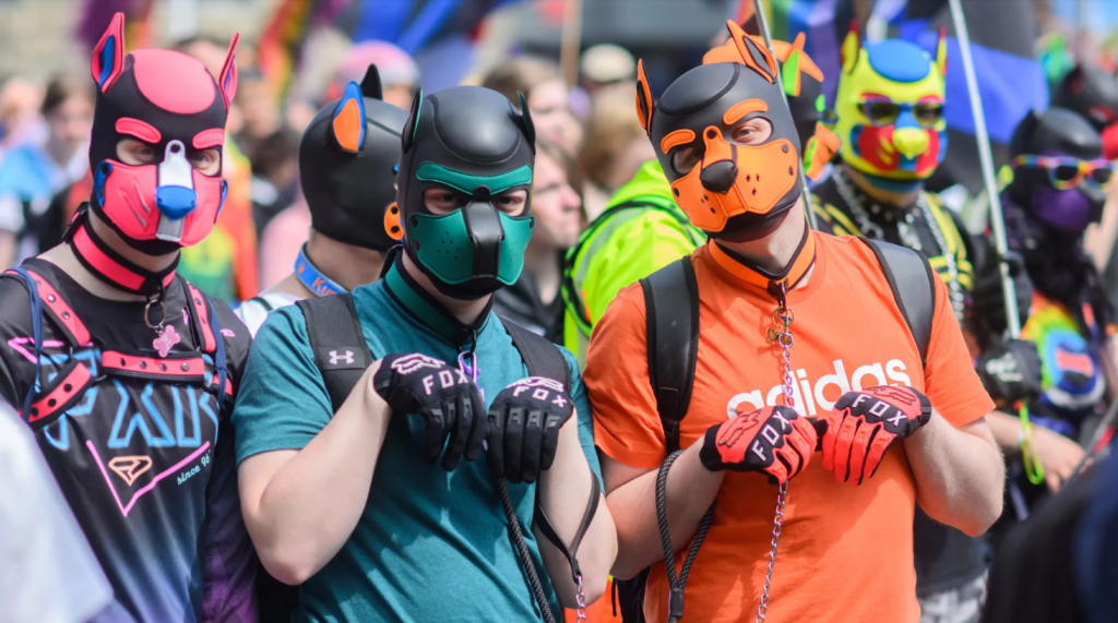 humans dressed as pups engaged in pup play standing together at a pride parade